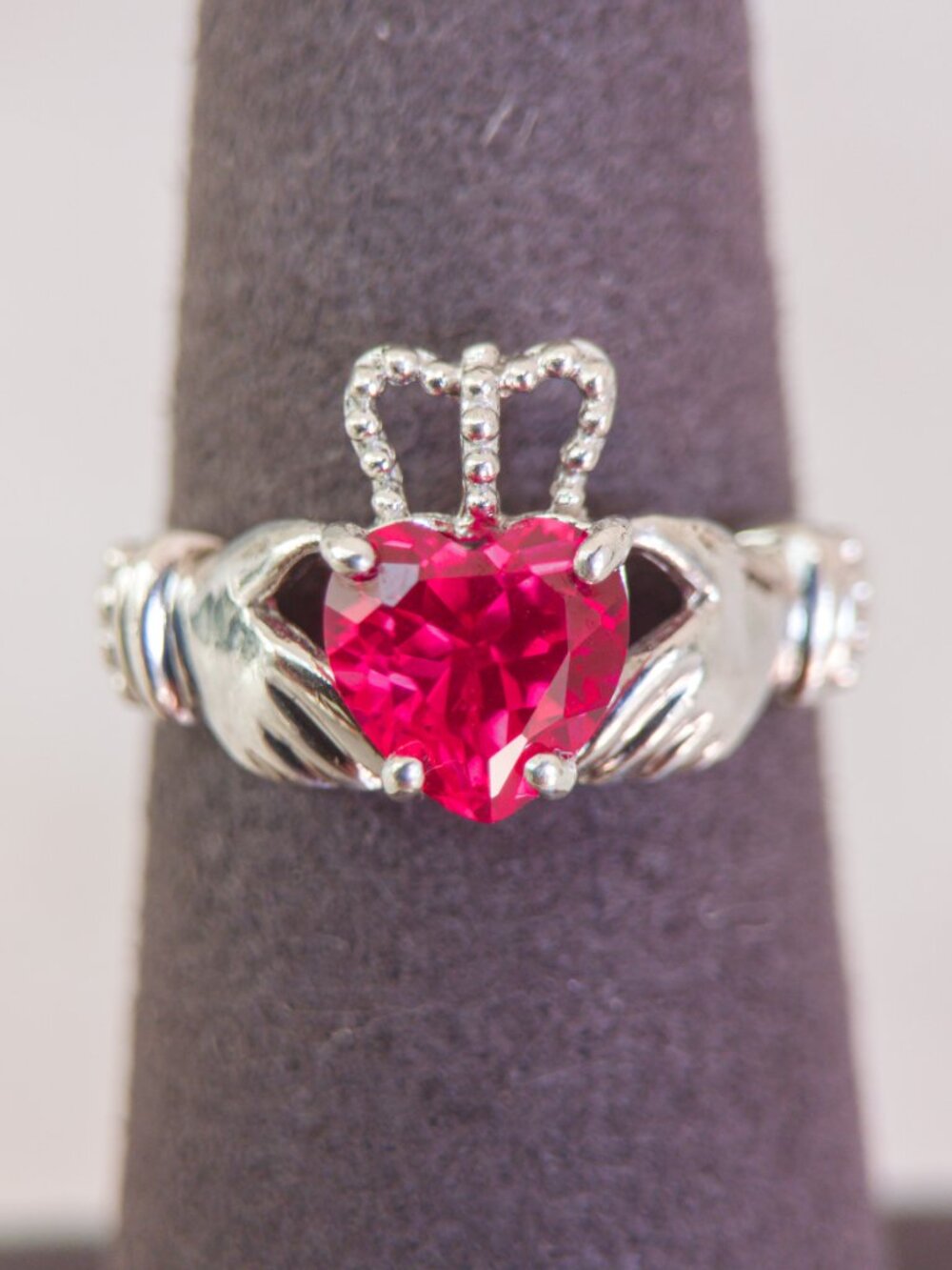 Lorenzo Sterling Silver Claddagh Ring with Synthetic Ruby Heart – Size 7